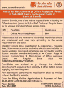 Bank Of Baroda Office Assistant Vacancy 2025 Notification