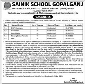 Sainik School Gopalganj Recruitment 2026